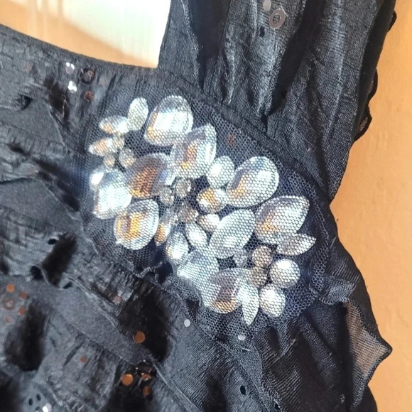 Amanda Lane Women's Asymmetrical Black Sequined Jeweled Neckline Ruffled Dress. - Picture 4 of 8